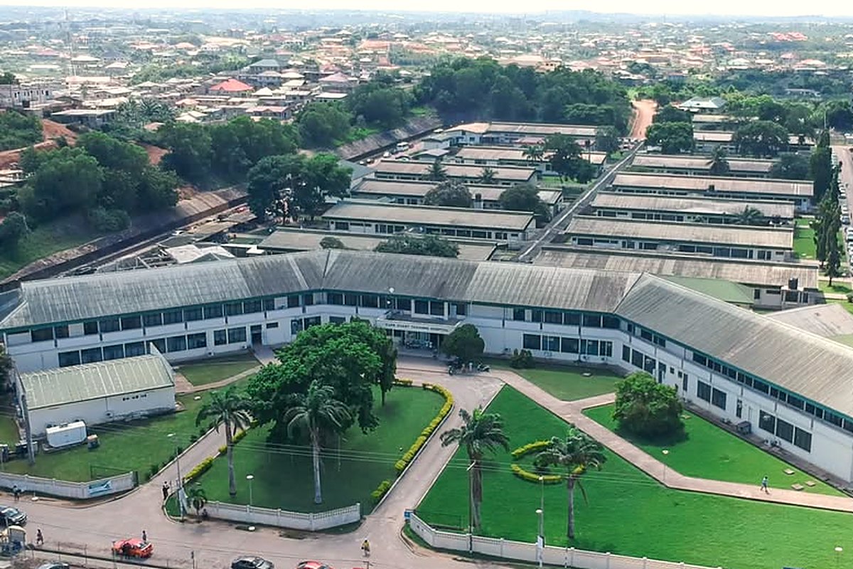 Cape Coast Teaching Hospital from above — the regional referral and teaching hospital